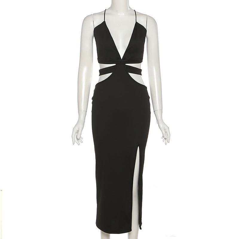 Deep V Cutout Front Side Slit Bodycon Maxi Dress