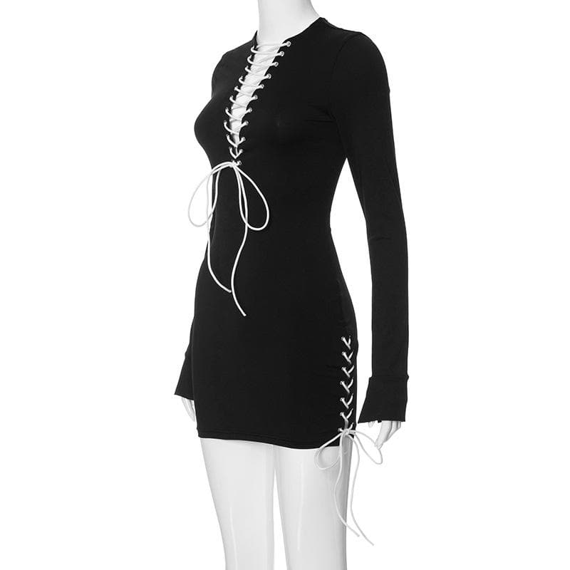 Crew Neck Lace-Up Contrast Panel Long Sleeve Mini Dress