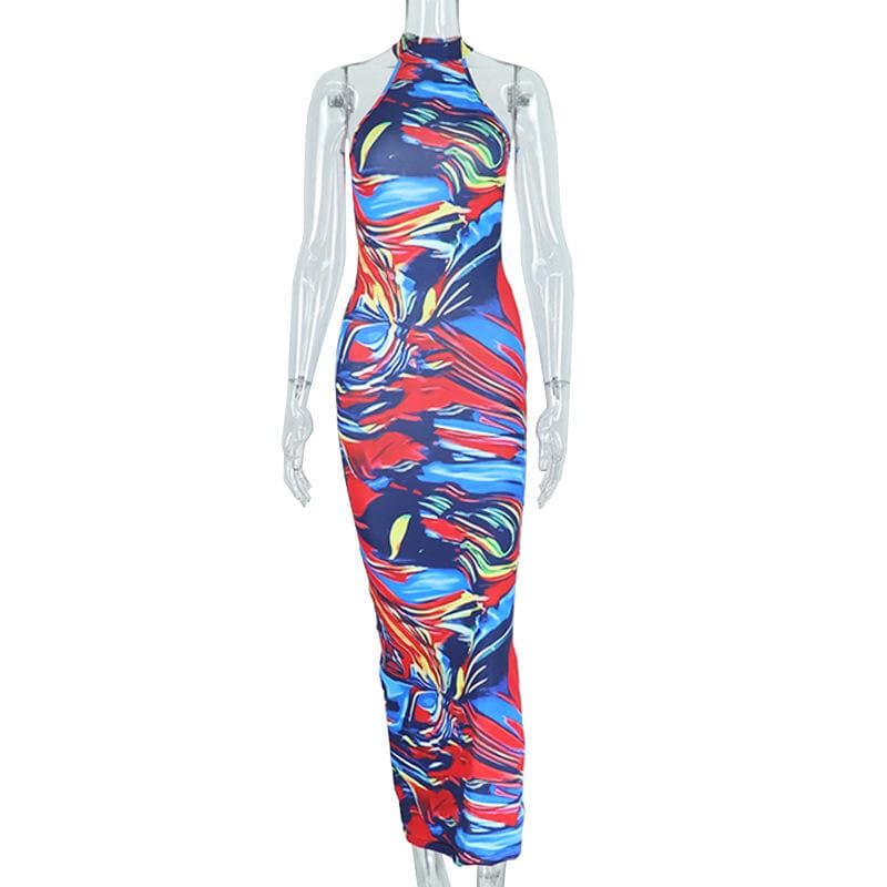 Mock Neck Halter Abstract Marble Swirl Print Bodycon Maxi Dress