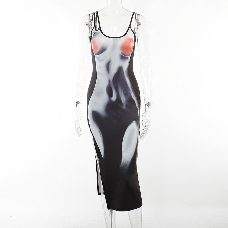 Abstract Body Print Trompe L Oeil Spaghetti Strap Maxi Dress