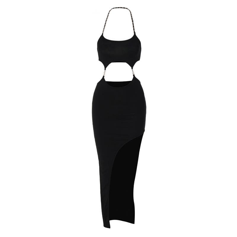 Chain Strap Halter Waist Cutout Ring Detail Slit Midi Dress