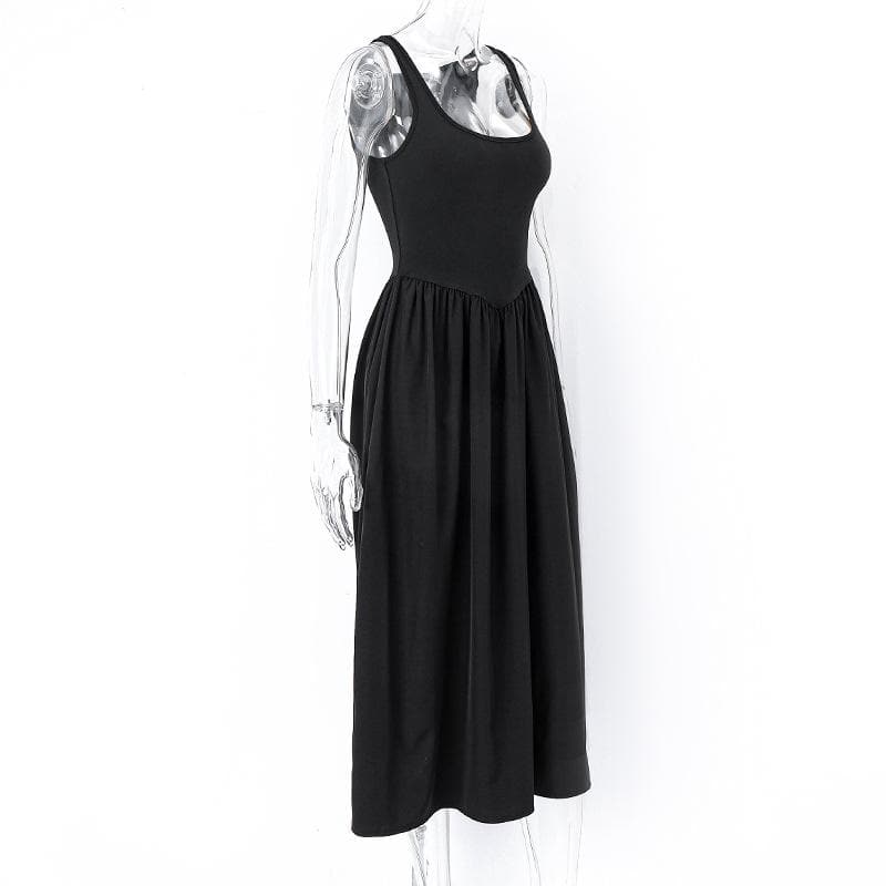 Deep Scoop Neck Wide Strap Dropped V Basque Gathered Midi Dress