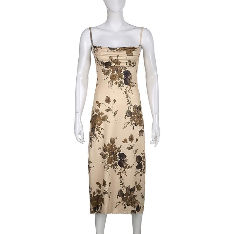 Square Neck Spaghetti Strap Classic Floral Print Lettuce Hem Midi Slip Dress