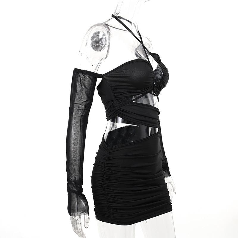 Ruched Cross Front Halter Hollow Out Long Sleeve Mesh Mini Dress Set