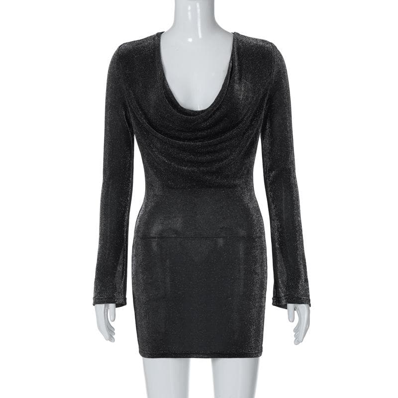 Cowl Neck Long Sleeve Metallic Knit Bell Cuff Bodycon Mini Dress
