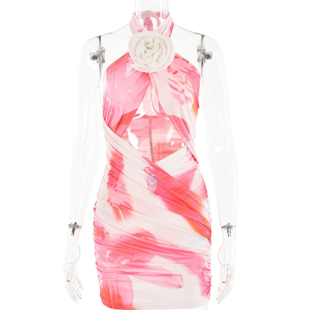 Halter Neck Flower Applique Cutout Cross Front Ruched Bodycon Mini Dress