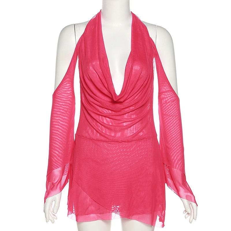 Halter Cowl Neck Mesh Off Shoulder Flare Cuff Mini Dress