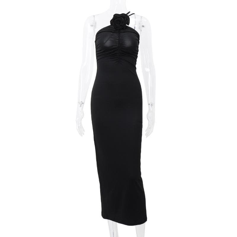 Flower Applique One Shoulder Ruched Maxi Dress