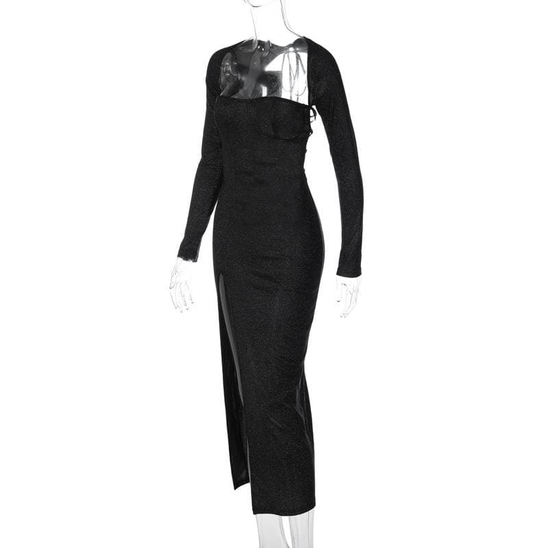 Cutout Neckline Glitter Long Sleeve High Slit Shrug Overlay Maxi Dress
