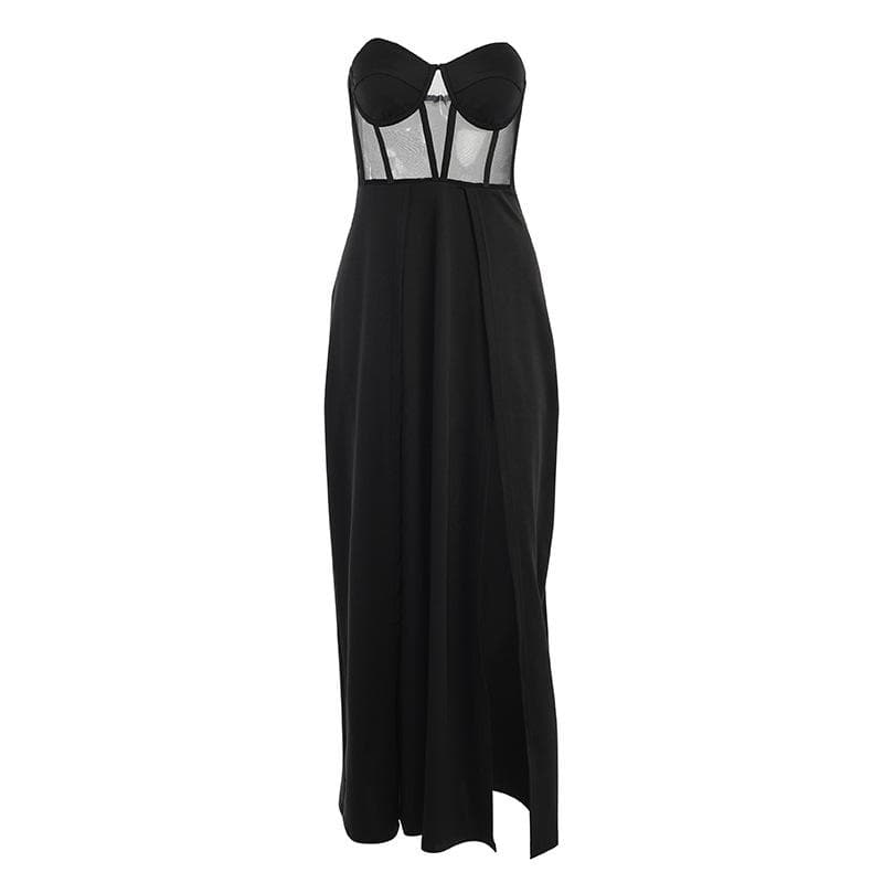 Strapless Sweetheart Corset Mesh Panel Double Slit Maxi Dress