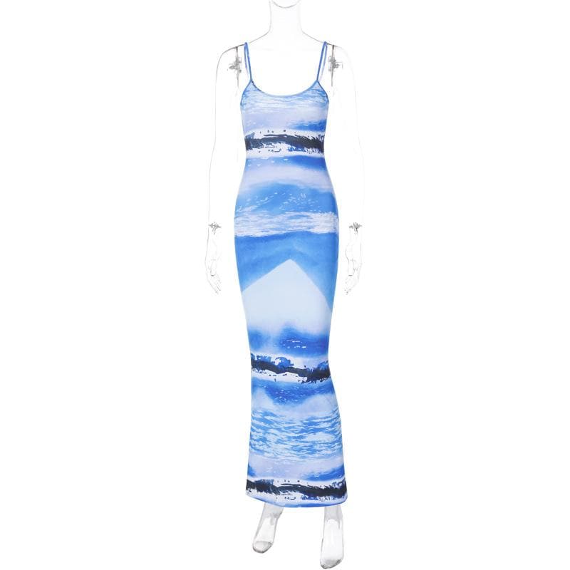 Abstract Landscape Print Scoop Neck Backless Cami Bodycon Maxi Dress