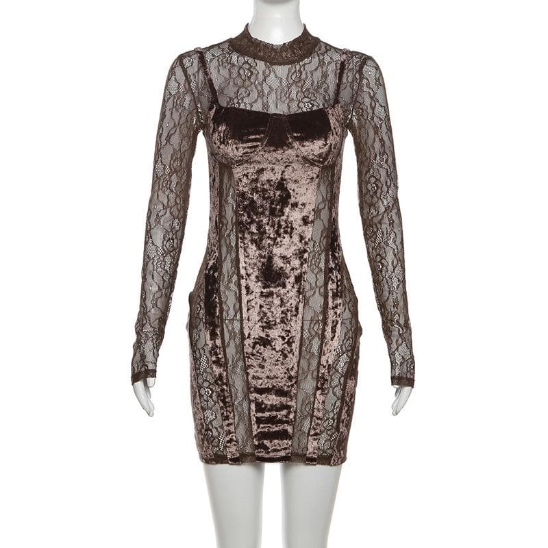 Mock Neck Lace Sleeve Velvet Panel Corset Bodice Mini Dress