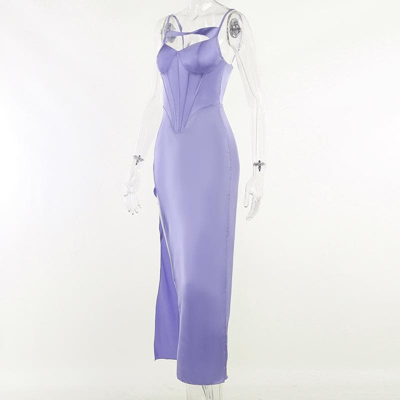 Spaghetti Strap Corset Panel Chest Cutout High Slit Satin Maxi Gown
