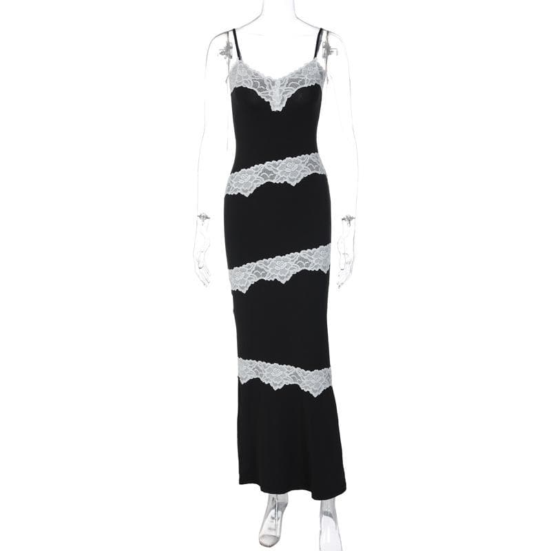 Lace Panel Trim Spaghetti Strap V Neck Bodycon Maxi Dress