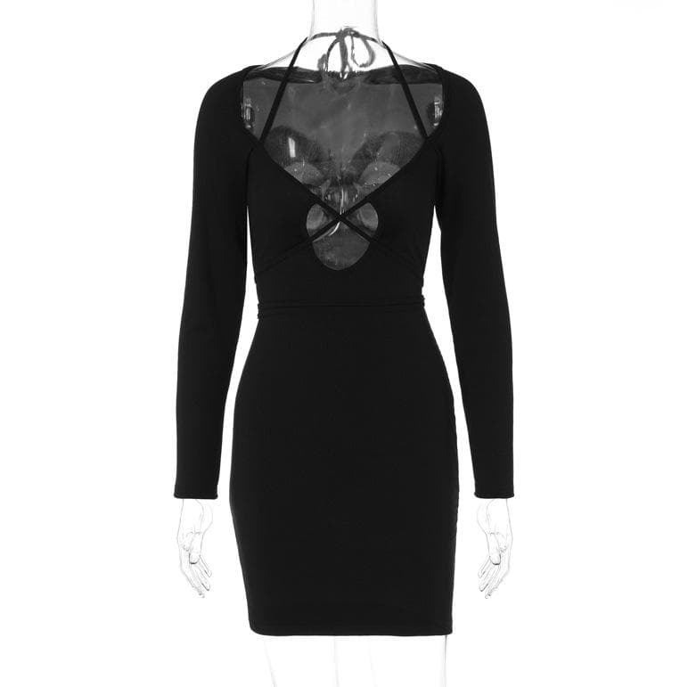 Halter Neck Criss Cross Strap Keyhole Cold Shoulder Rib Knit Mini Dress