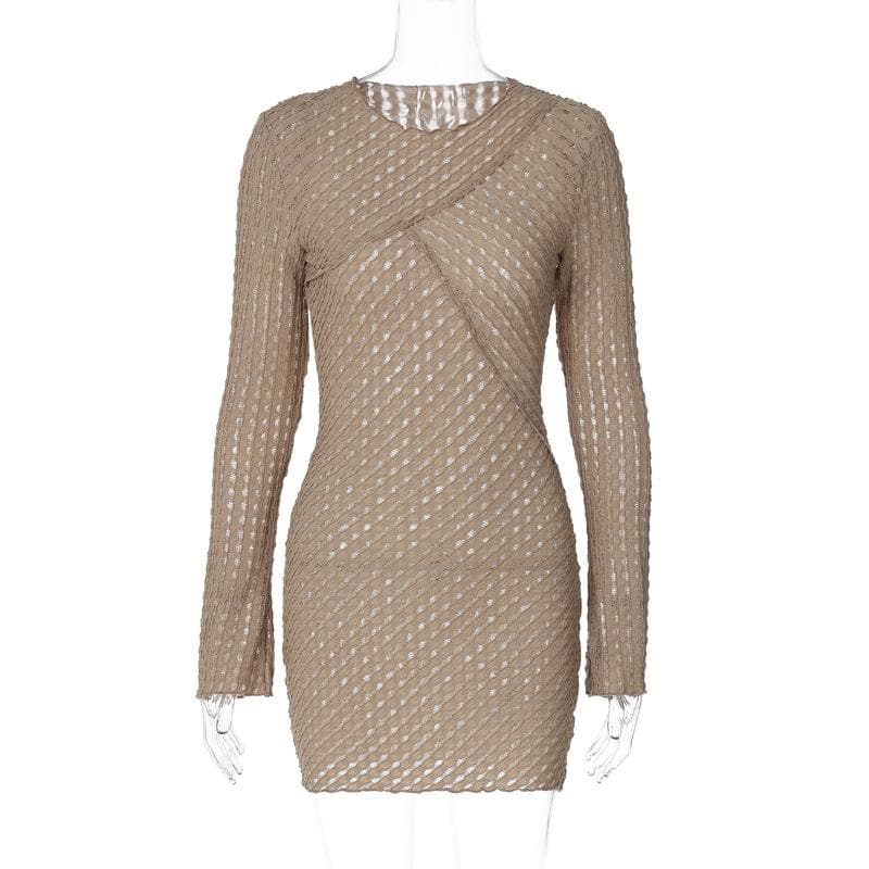 Textured Knit Crisscross Neck Long Sleeve Lettuce Hem Mini Dress