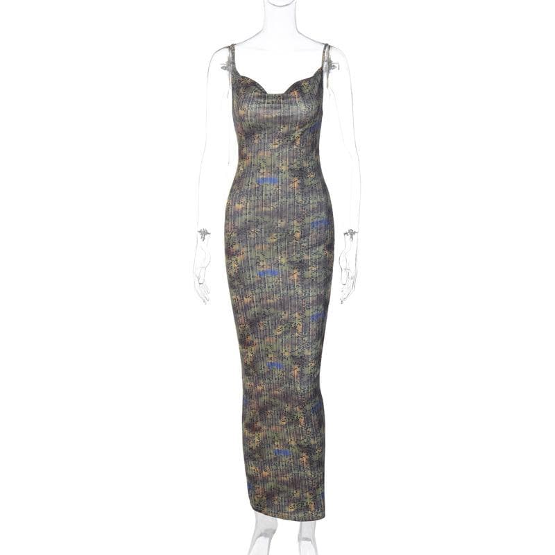 Print Cowl Neck Backless Spaghetti Strap Maxi Dress