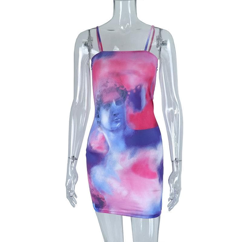 Spaghetti Strap David Bust Graphic Watercolor Bodycon Mini Dress