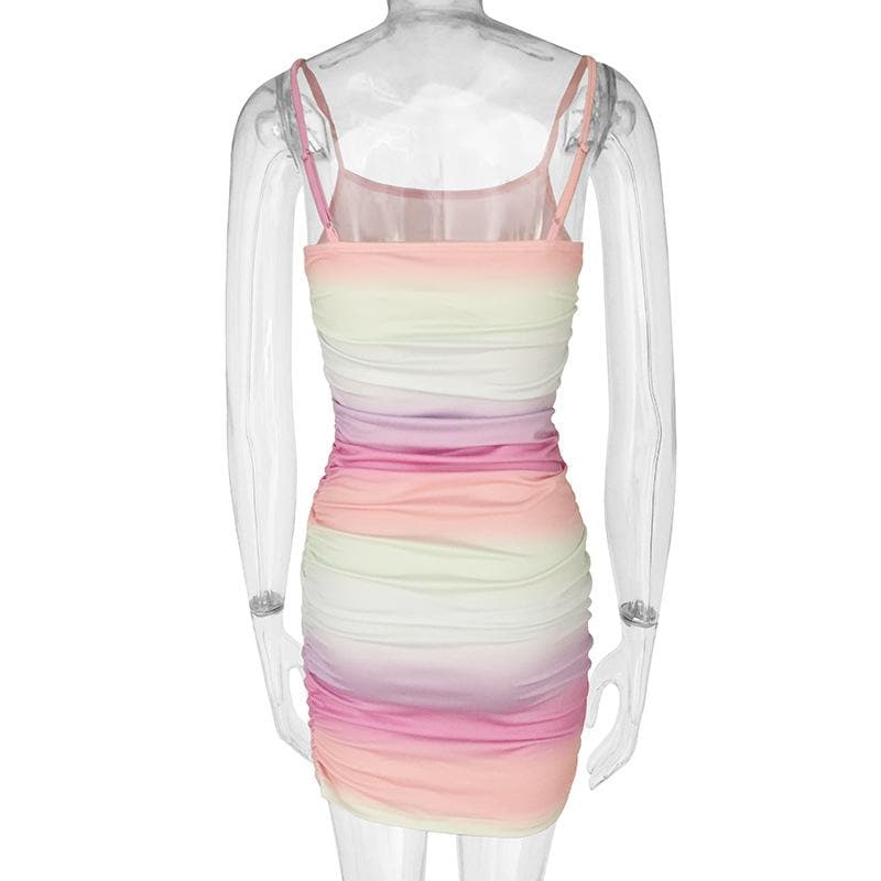 Gradient Ombre Ruched Square Neck Spaghetti Strap Bodycon Mini Dress