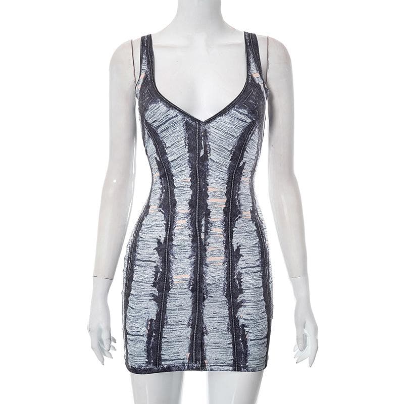 Distressed Denim Print V Neck Bodycon Mini Dress