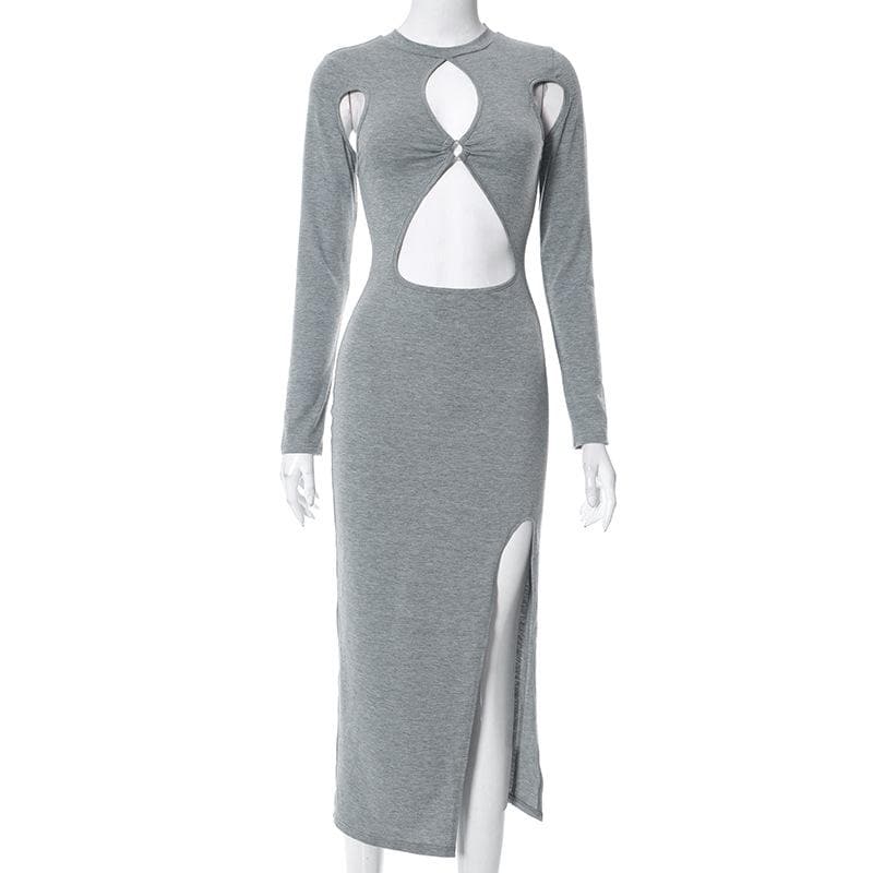 Crew Neck O-Ring Keyhole Cold Shoulder Cutout Long Sleeve Slit Maxi Dress