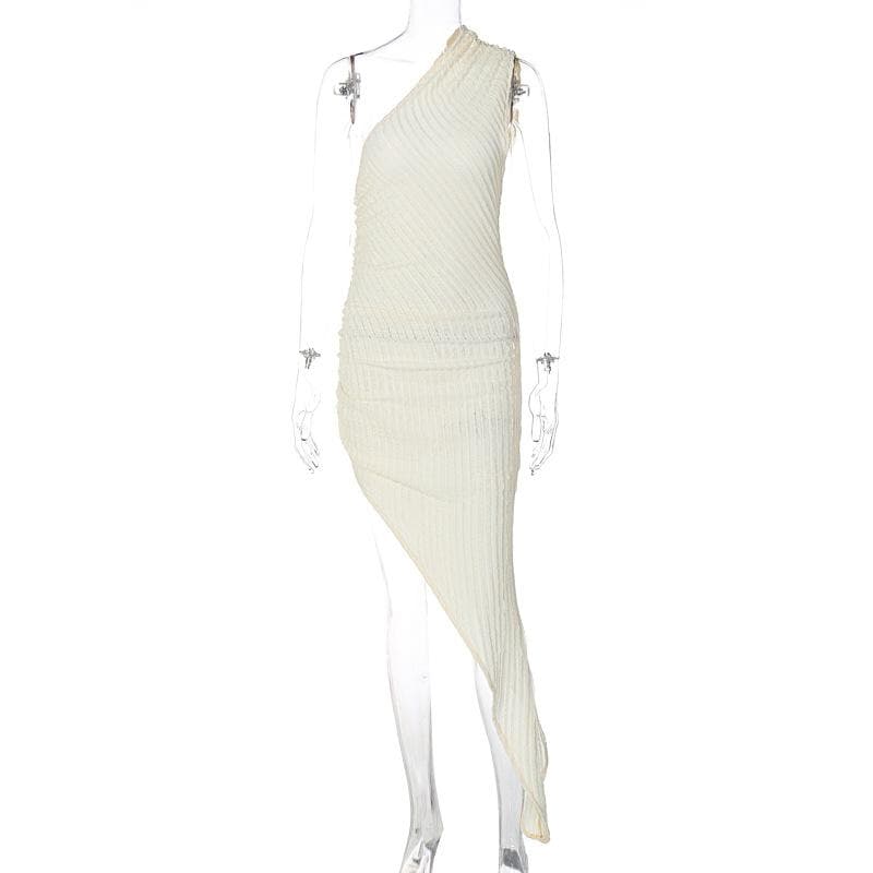 One Shoulder Popcorn Texture Asymmetric Hem High Slit Maxi Dress