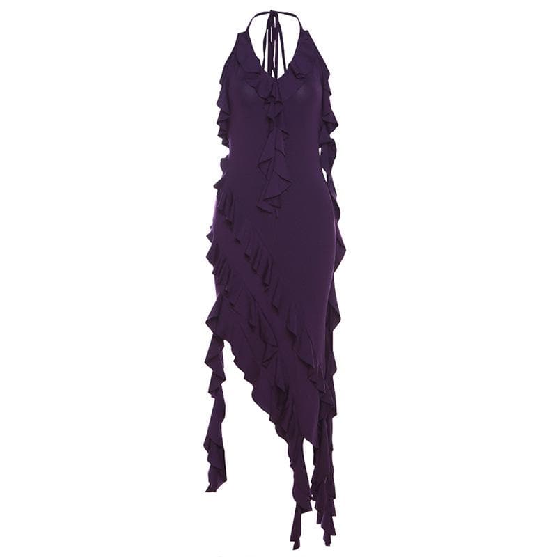 Halter Choker Tie Neck Cascading Ruffle Asymmetric Hem Maxi Dress