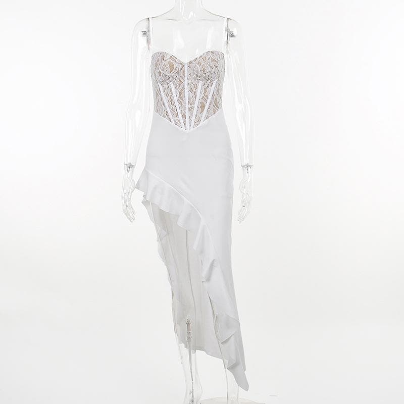 Lace Corset Sweetheart Neck Ruched Ruffle Slit Maxi Dress
