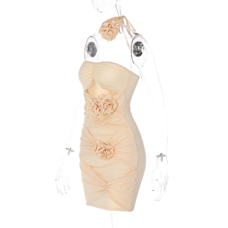 Choker Halter Ruched Flower Applique Hollow Out Tube Mini Dress