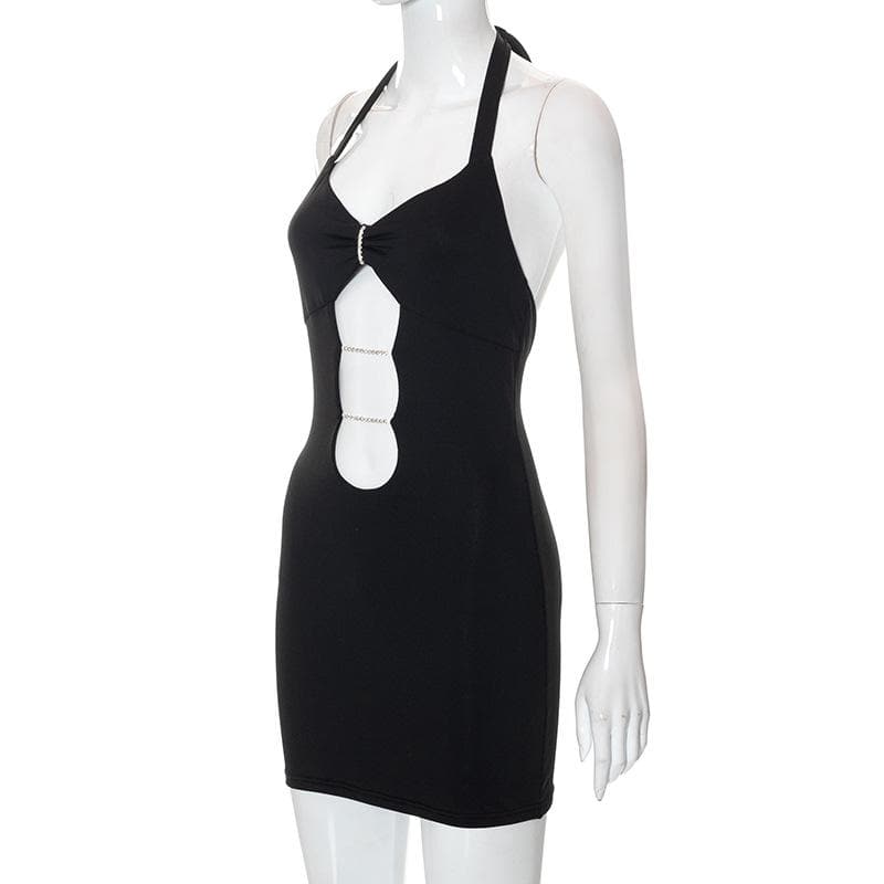 Halter Rhinestone Connector Triple Cutout Bodycon Mini Dress