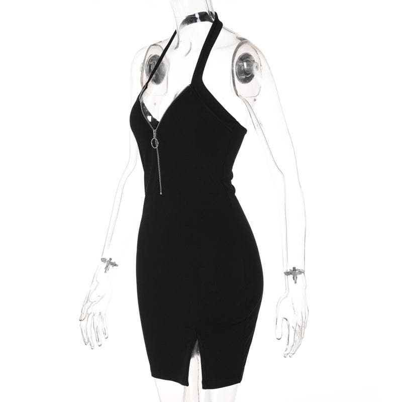 Halter Deep V Front Zip Ring Pull Thigh Slit Bodycon Mini Dress
