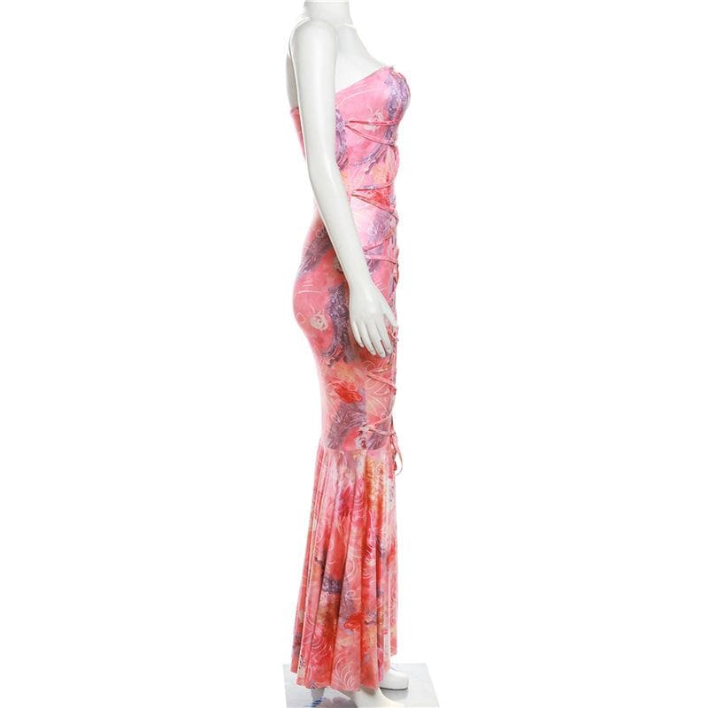 Strapless Floral Print Lace-Up Back Maxi Dress