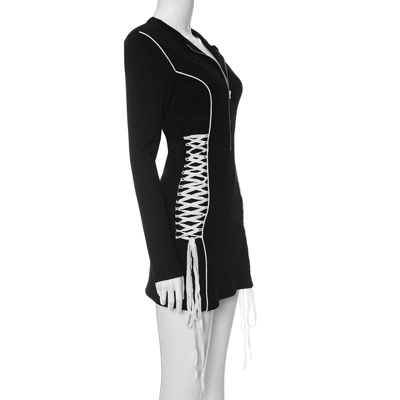 Ribbed Knit Half Zip Lace Up Side Corset Mini Dress