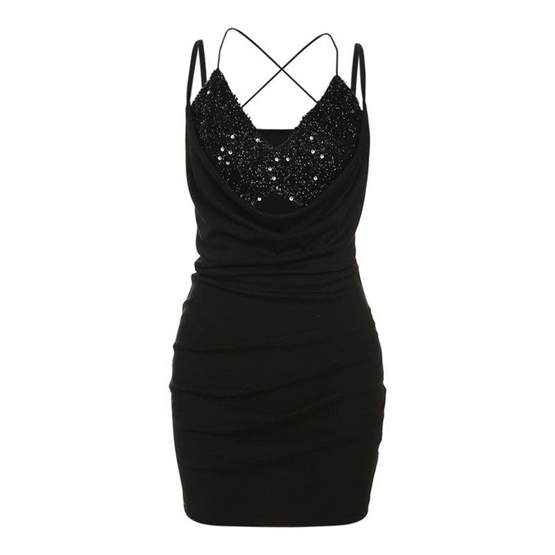 Cowl Neck Sequin Bust Cutout Multi Strap Bodycon Mini Dress