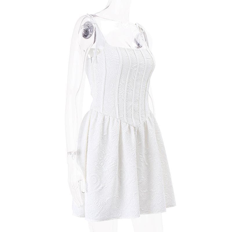 Jacquard Corset Tie Shoulder Dropped Waist Flare Mini Dress