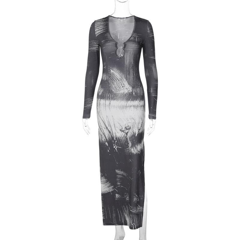 Brushstroke Print O-Ring Cutout Long Sleeve High Slit Maxi Dress