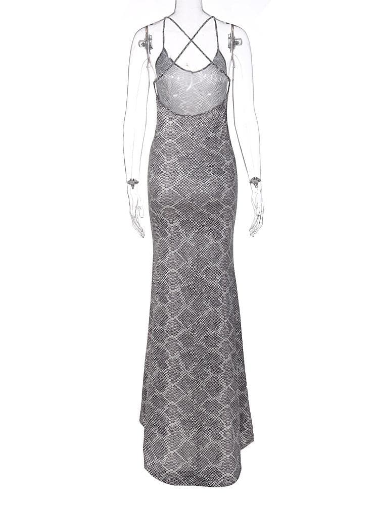 Snakeskin Print Spaghetti Strap Cross Back Deep V Neck Maxi Dress