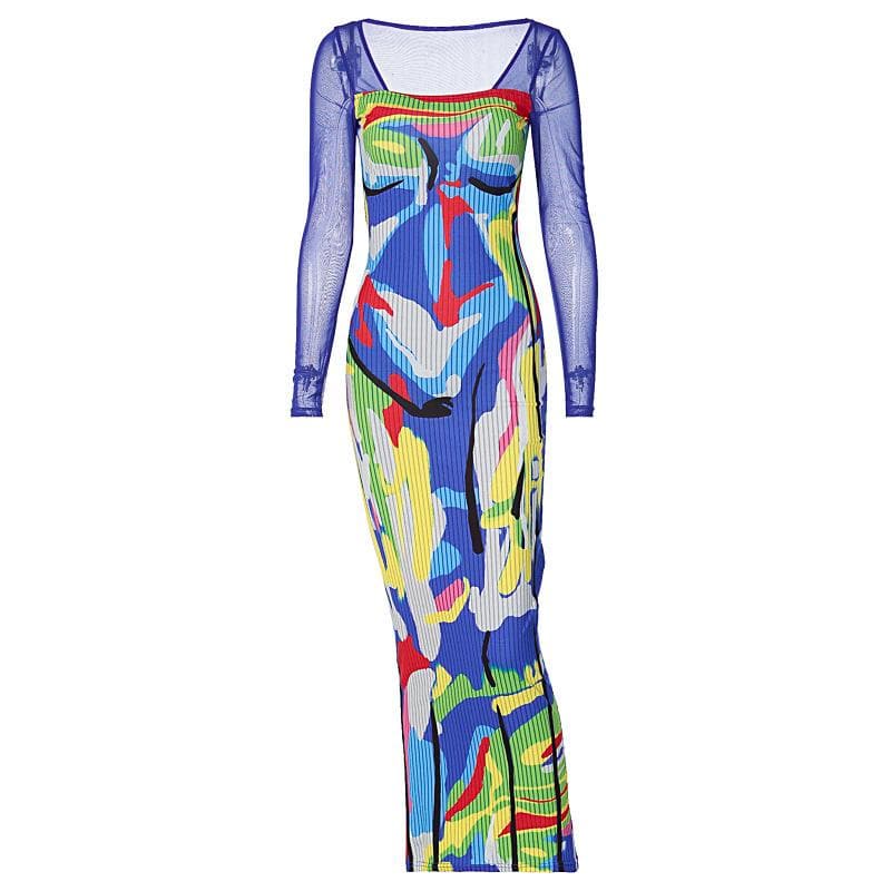 Square Neck Long Sleeve Abstract Face Print Mesh Sleeve Bodycon Maxi Dress