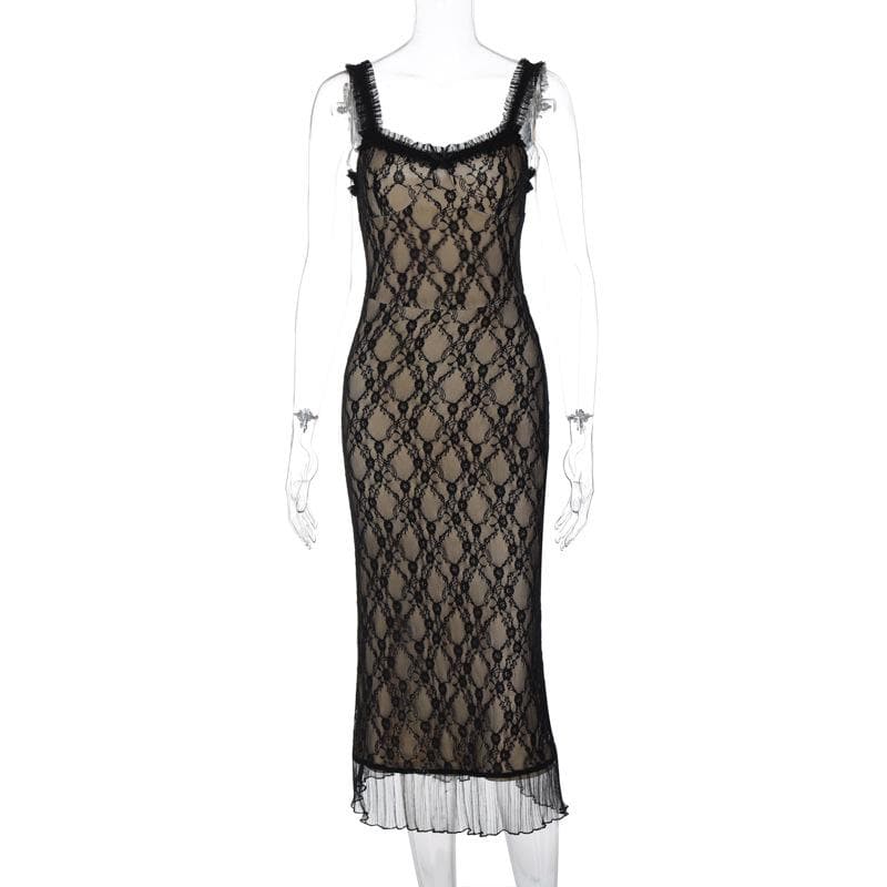 Square Neck Lace Overlay Ruffle Hem Sleeveless Midi Dress