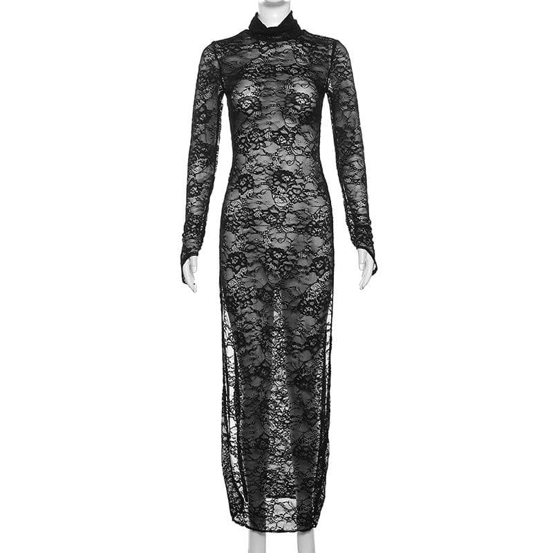 Lace Turtleneck Long Sleeve High Slit Sheer Overlay Maxi Dress