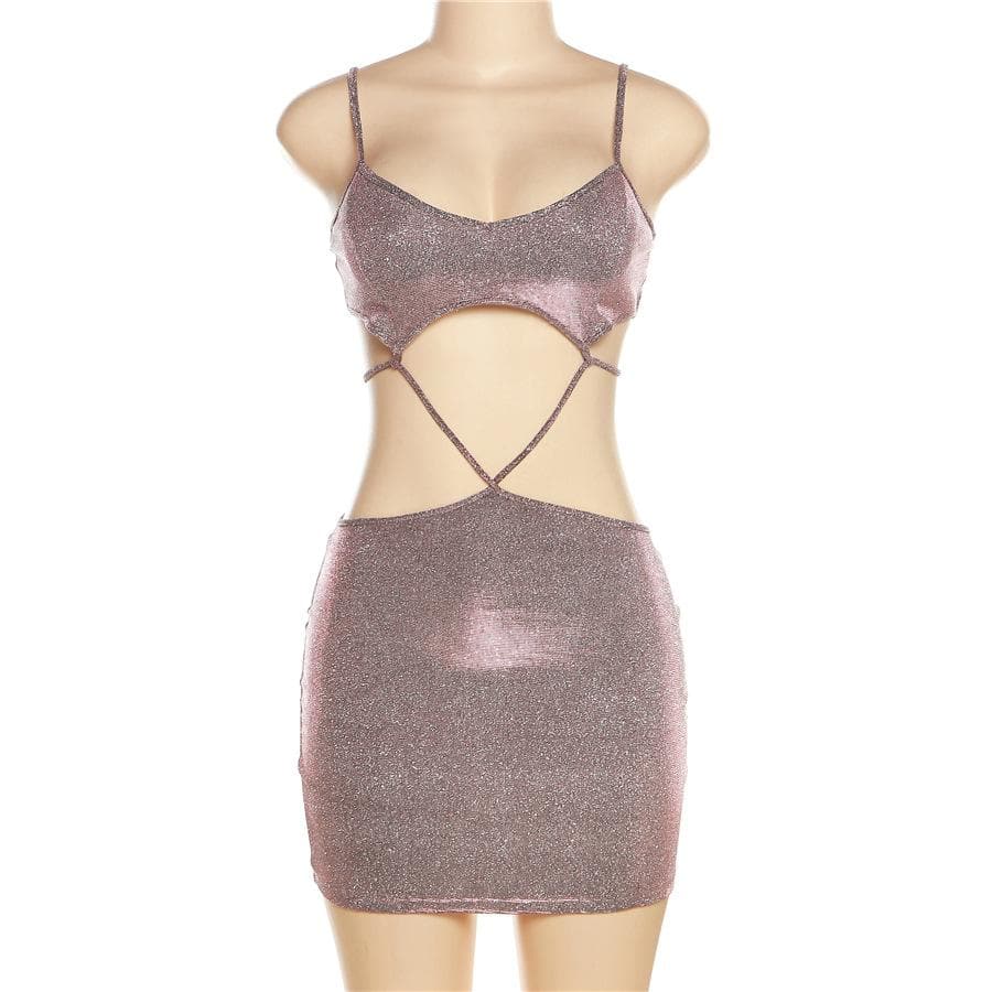 Glitter Criss Cross Strap Waist Cutout Bodycon Mini Dress
