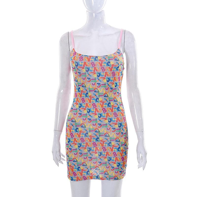 Abstract Print Square Neck Spaghetti Strap Bodycon Mini Dress