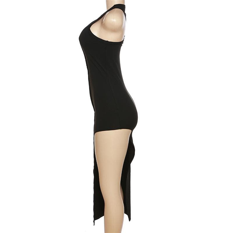 High Neck Sleeveless Center Seam Asymmetric Hem Midi Dress