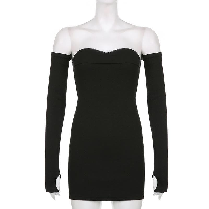 Sweetheart Lace Trim Strapless Rib Knit Gloves Mini Dress
