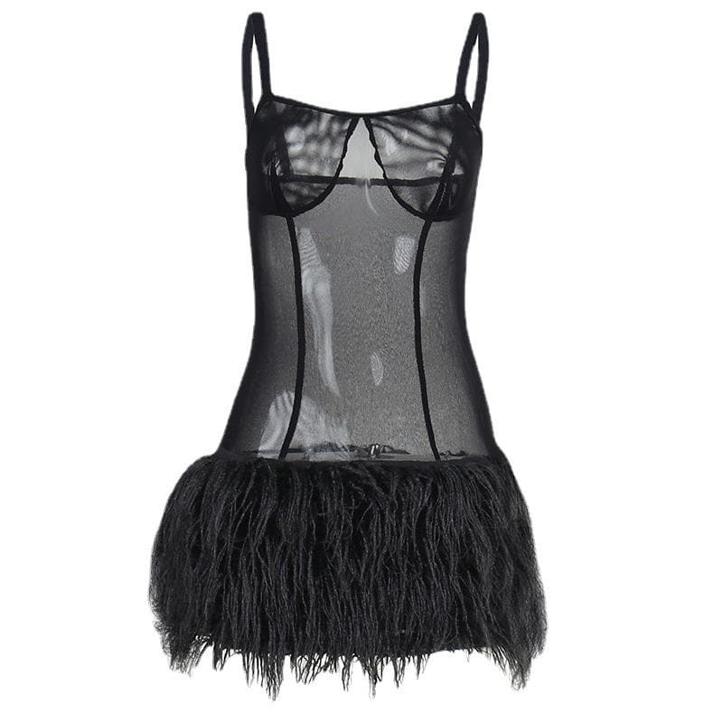 Square Neck Mesh Panel Feather Hem Bodycon Mini Dress
