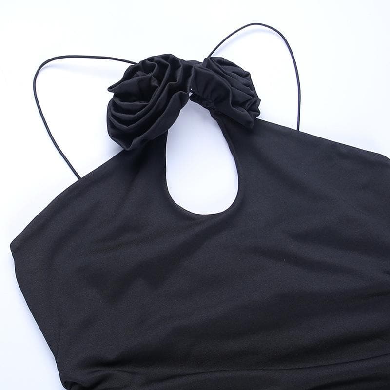 Halter Flower Applique Keyhole Ruched Side Slit Mini Dress