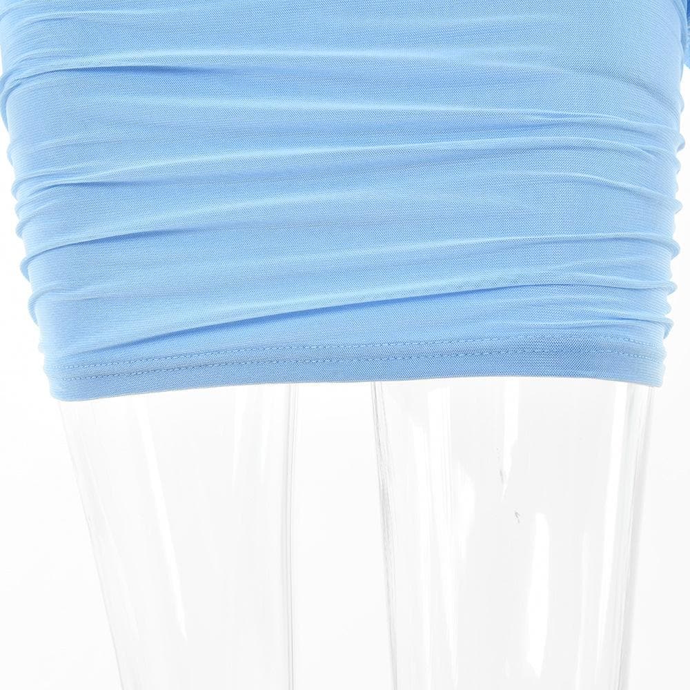 Strapless V-Notch Off Shoulder Puff Sleeve Ruched Mesh Mini Dress