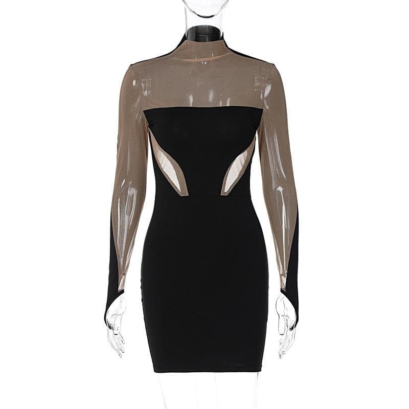 Mock Neck Contrast Mesh Panel Thumbhole Glove Sleeve Bodycon Mini Dress