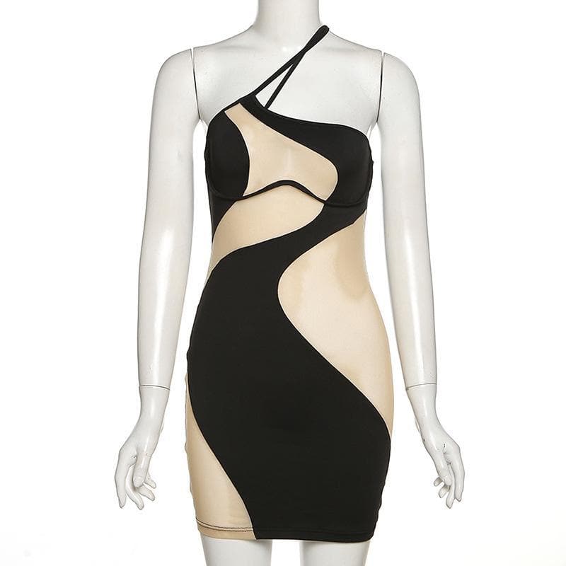 One Shoulder Mesh Panel Cutout Asymmetric Hem Bodycon Mini Dress