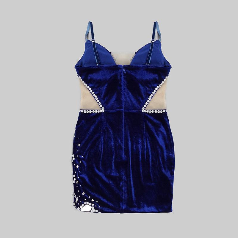 Plunging V Neck Side Cutout Mirror Rhinestone Embellished Velvet Mini Dress